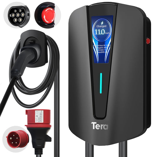 Tera EV Ladegerät Typ 2 11KW Heim-Ladestation Wallbox Ladekabel Elektroauto mit Kabelhalterung Ladekabel 3-Phasen CEE Stecker 16A 5PIN Kabel für EVs und PHEVs Q8 Schwarz