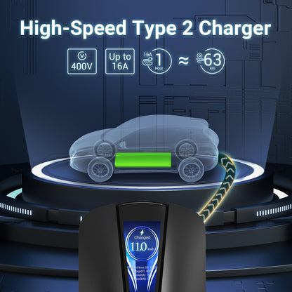 Tera EV Ladegerät Typ 2 11KW Heim-Ladestation Wallbox Ladekabel Elektroauto mit Kabelhalterung Ladekabel 3-Phasen CEE Stecker 16A 5PIN Kabel für EVs und PHEVs Q8 Schwarz