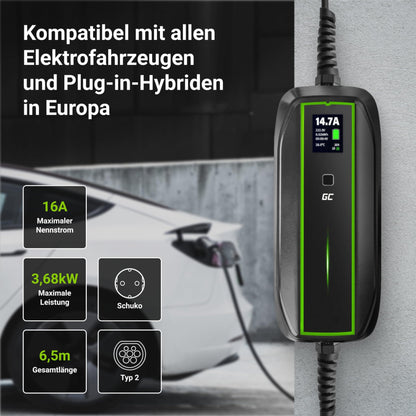 Green Cell GC Habu Elektroautos Mobile Wallbox 11kW 7m EV Ladegerät Typ 2 bis CEE 16A mit App e-Auto Zuhause Laden Ohne Wallbox 2in1 Kompatibel mit Allen EV Model Y / 3 / S/X, ID.4, ID.5, i4, EV6